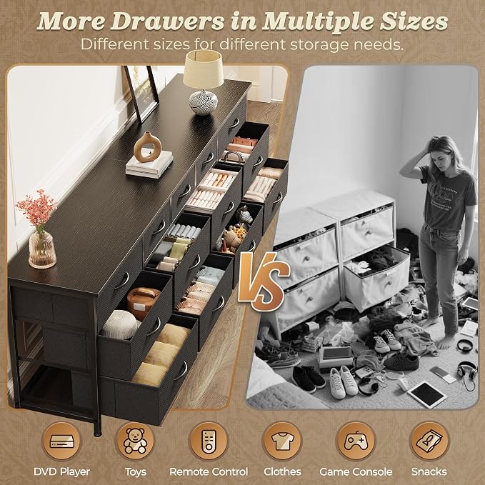 Huuger 70 Inch Long Dresser for Bedroom, TV Stand for 65, 75, 80 Inch TV | 13 Large Fabric Drawer, Large Entertainment Center for Bedroom, Wide Chest of Drawer with Storage, Black