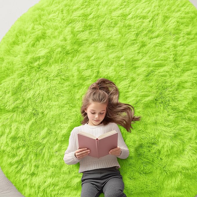 OLANLY Lime Green Round Rugs for Bedroom - Machine Washable, 7 ft Circle Area Rugs for Living Room, Soft and Fluffy Shaggy Carpet for Teen Girl and Boys, Nursery Rooms, Dorms, Home Decor Aesthetic