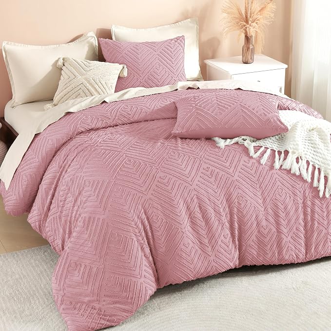 Litanika Queen Size Comforter Set, 3 Pieces Tufted Boho Bedding Set | Grayish Pink Farmhouse Shabby Chic Vintage Bohemian Textured Aesthetic Soft Fluffy Lightweight Breathable All Season Bed Set