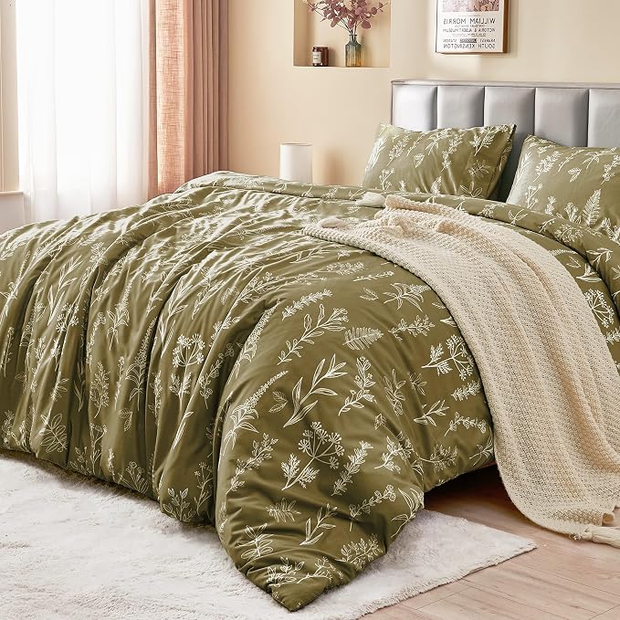 MUXHOMO Duvet Cover Twin/Twin XL Size Set, Reversible Floral Olive Green Duvet Cover with Zipper Closure, 2 Pieces Botanical Patterns Soft Microfiber Bedding Set with 4 Ties (68"x90", 1 Pillow Case)