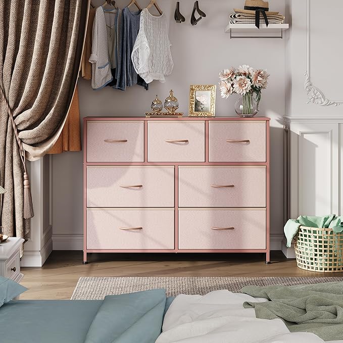 WLIVE Dresser for Bedroom, 7 Drawers, TV Stand, Pink | 7 roomy fabric drawers, Fits TVs up to 45 inch, Bedroom or living room, Wide storage design, Chest of drawers