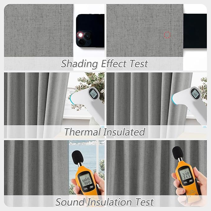 Dark Grey 100% Blackout Linen Curtains 90 Inch Length 2 Panels Set for Living Room Back Tab Thermal Insulated Black Out Drapes Room Darkening Farmhouse Style for Bedroom Window Curtains