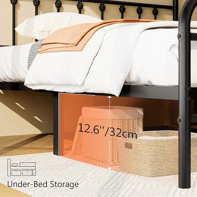 zunatu Full Size Metal Bed Frame with Victorian Style Headboard and Footboard, Steel Slat Support Platform Bed, No Box Spring Needed, Under Bed Storage, Easy Assembly, Black