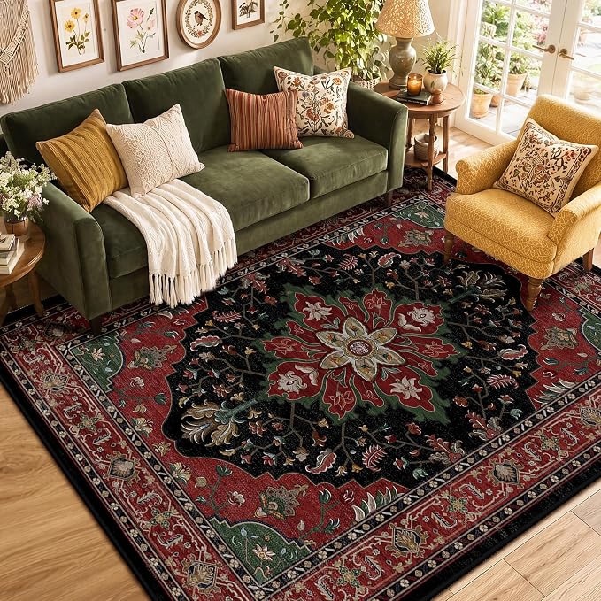 RELEANY Washable Area Rug, 6'x9', Red/Black | Non-Slip, Water Repellent, Pet Friendly, Easy to Clean, Vintage Floral Boho Decor for Living Room Bedroom Dining Room Office