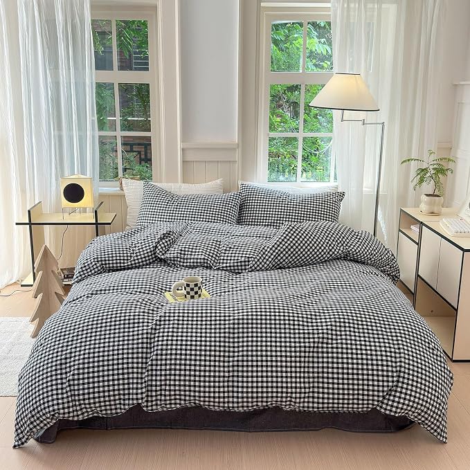 LifeTB Black Gingham Comforter Full Size Boho Plaid Checkered Pattern Comforter Geometric Grid Plaid Printed Bedding Comforter Set with 2 Pillowcases Fluffy Bed Luxury Soft Gingham Bedding Set Full