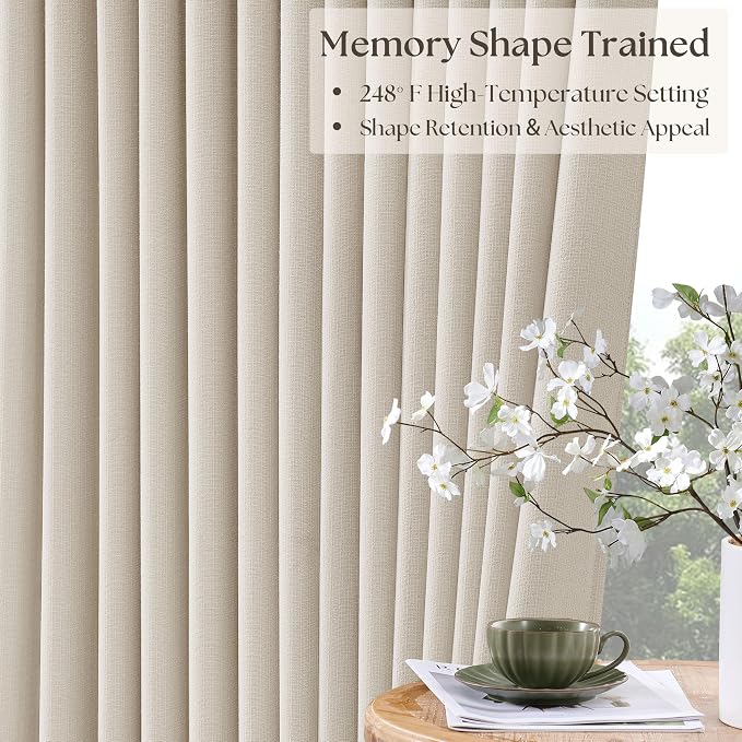 TWODRAPES Natural Linen Blackout Pleated Curtains 108 Inches Long 2 Panels | Pinch Pleat, 100% Black Out Double Layer, Burlap, Thermal Insulated Drapes, for Bedroom Living Windows, 108 Inch Length