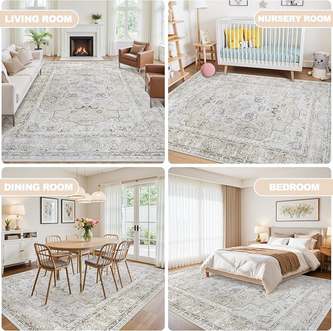 9x12 Washable Area Rugs for Living Room Beige White Non-Slip Rug | Vintage Medallion Rug，Soft Low Pile Large Rugs，Indoor Retro Carpet for Bedroom Nursery Dining Table Farmhouse Home Office