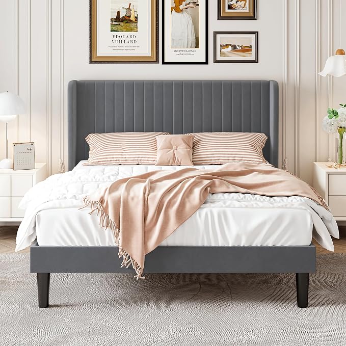 SHA CERLIN Full Size Velvet Bed Frame, Tufted Wingback Headboard, Grey | 47'' Modern Vertical Channel Headboard, Upholstered Platform Bed, Wood Slats, No Box Spring Needed, Easy Assembly, Noise Free