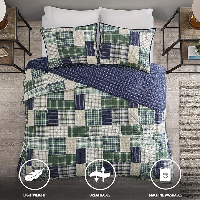 Madison Park Patchwork Farmhouse Green/Navy Queen Quilt Set, 3pc | Diamond Quilted, Reversible Coverlet Set, Plush Cotton Filled, Lightweight, Machine Washable, Easy Care, All-Season, Cozy