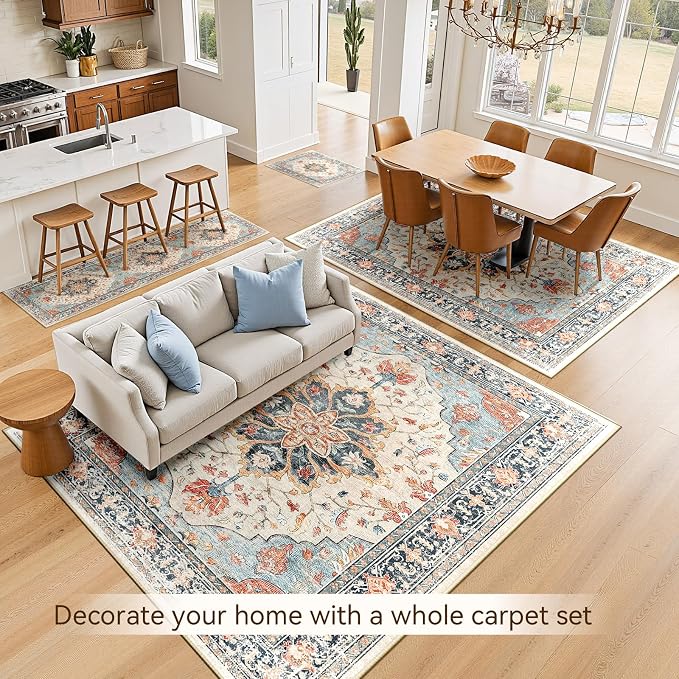 RELEANY Washable Area Rug, 5'x7', Beige/Blue/Orange | Non-Slip, Water Repellent, Pet Friendly, Easy to Clean, Vintage Floral Boho Decor for Living Room Bedroom Dining Room Office