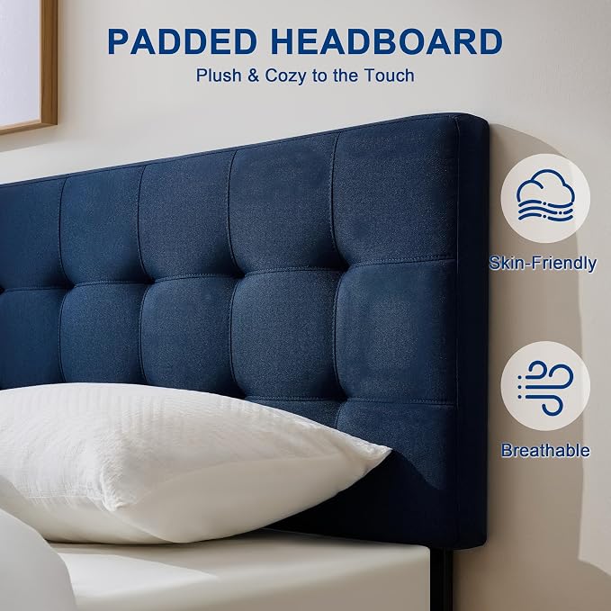 Linen Stitched Tufted King Headboard, Adjustable Height 37.2-42.3 in, Blue | Wood Twin Headboard Only, Padded Support for Reading, Relaxing or Working in Bed, Stable Non-Slip Design, Fits Bed Frame
