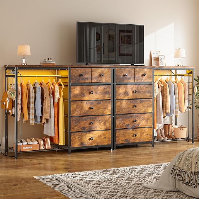 EnHomee 49.2" W Dresser with Hanging Rack & 6 Drawers, Grid Panel & 4 Hooks | Featuring LED Lights and Charging Station, Wooden Top Organize Unit for Bedroom, Chest of Drawers with Steel Frame, Brown
