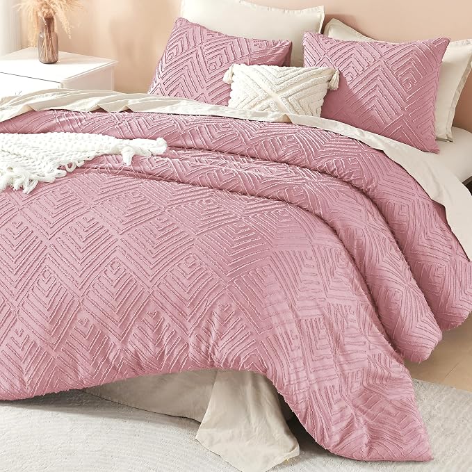 Litanika Queen Size Comforter Set, 3 Pieces Tufted Boho Bedding Set | Grayish Pink Farmhouse Shabby Chic Vintage Bohemian Textured Aesthetic Soft Fluffy Lightweight Breathable All Season Bed Set