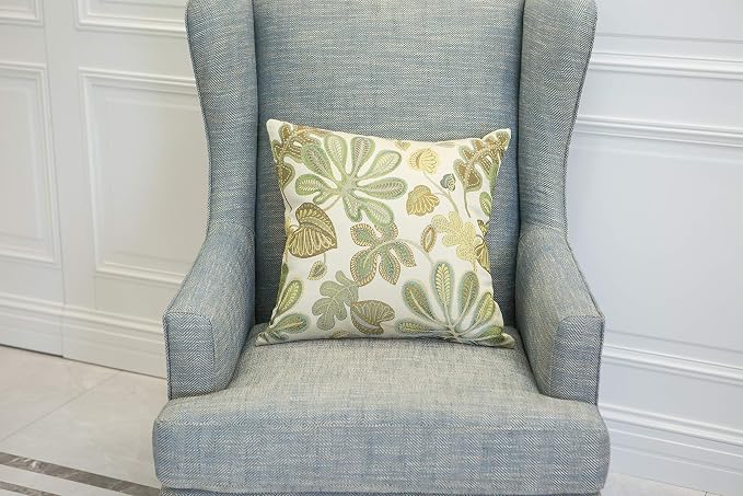 Mika Home Set of 2 Jacquard Tropical Leaf Pattern Throw Pillow Covers Decorative Pillowcase 20X20 Inches,Green Cream
