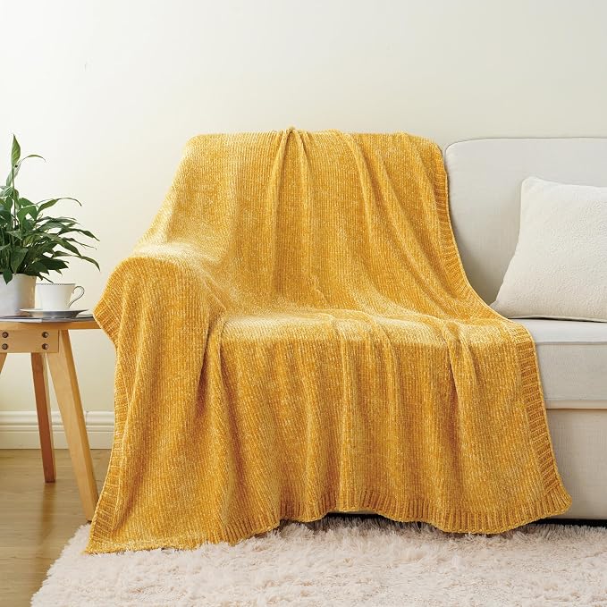 Mustard Yellow Throw Blanket for Couch, Chenille Throw Blanket 51"x67" | Shiny Chenille Blanket, Cozy Brethable Knit Throw Blanket, Fall Mustard Blanket for Bed Sofa Home Decor