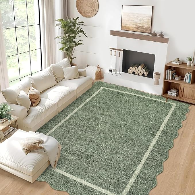 GarveeHome Scalloped Large Area Rug 10x13 Rug for Living Room Greyish Green | Modern Washable Non Slip Throw Rugs Bedroom Rugs Low Pile Stain Resistant Carpet for Dining Room Nursery Classroom 10'x13'