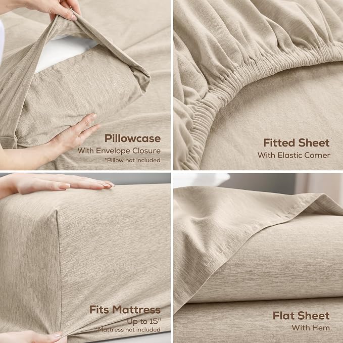 Twin Sheet Set, 3 Pieces 16" Deep Pocket Hotel Luxury Sheets, Heather Beige | Extra Soft Bedsheet Set, Comfy & Breathable Cooling Sheets, Wrinkle & Fade Resistant, Fitted Sheet, Flat Sheet, 1 Pillowcase