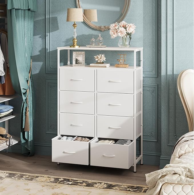 WLIVE 8 Drawer White Fabric Dresser Open Shelves,Tall Storage Tower | White 8-drawer fabric dresser with open shelves, great baby dresser for nursery kids bedroom closet toddler storage