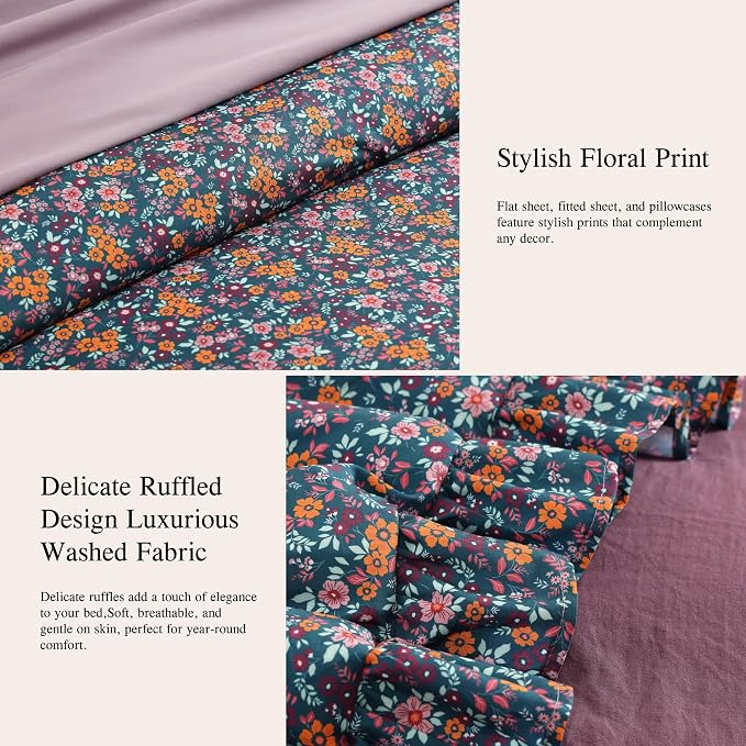 Queen Comforter Set-7 Pieces Floral Ruffle Bedding Set | Purple Ditzy Bed in a Bag, Soft Lightweight All Season Farmhouse Queen Bedding Sets with Sheets, Pillowcases & Shams