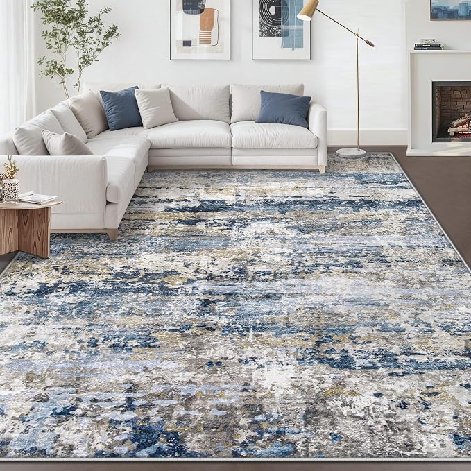 pmtsns Area Rugs 8x10 for Living Room: Washable Rug Modern Abstract Neutral Soft Non-Slip Low-Pile Indoor Large Carpet for Bedroom Dining Room Playroom Home Office (Blue Grey Brown, 8'x10')