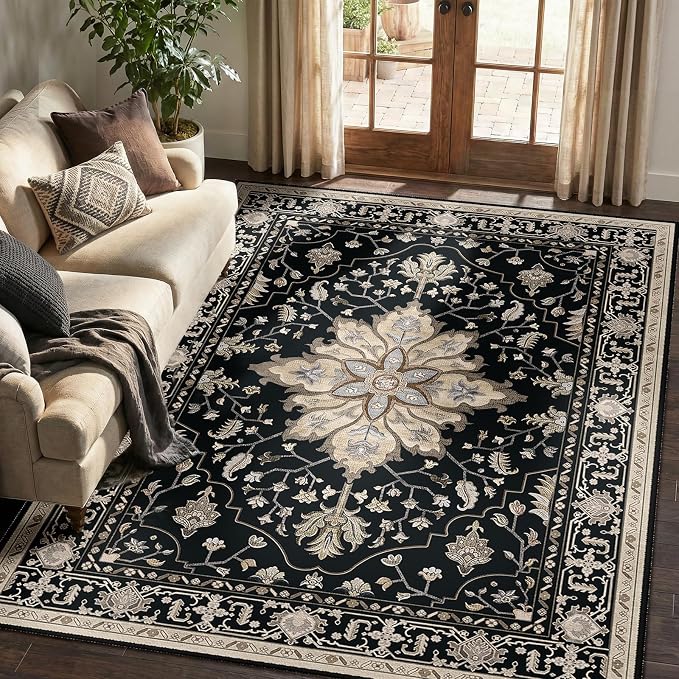 RELEANY Washable Area Rug, 5'x7', Black/Neutral | Non-Slip, Water Repellent, Pet Friendly, Easy to Clean, Vintage Floral Boho Decor for Living Room Bedroom Dining Room Office