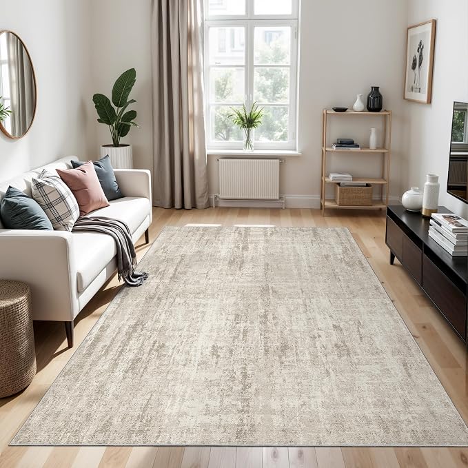 4x6 Area Rug for Entryway, Non Slip Washable Bedroom Rug, Beige | Soft & Lighweight, Folable, Stain Resistant Low Pile Thin Indoor Distressed Carpet Rugs for Living Room,Laundry Room,Kitchen