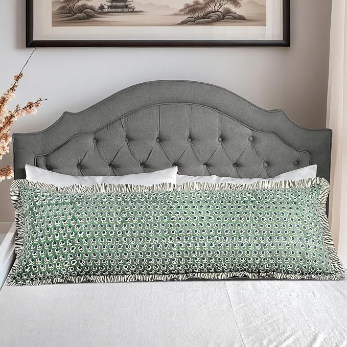 Ridhi Block Print Basil Green Ruffle Lumbar Pillow Shams, 54" x 20" | 100% cotton, Floral Pillowcase, Cushion Cover, Hidden Zipper, Cottagecore Bedding, farmhouse boho style, fits couch, sofa,Bed