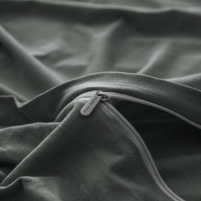 PURE ERA Jersey Knit Sheet Set Solid Dark Greenish Gray Twin | 100% Cotton, 3 Piece Set, T Shirt Soft, Breathable, Envelope Closure Pillowcases, Hidden Zipper, 8 Ties, No Insert, Modern