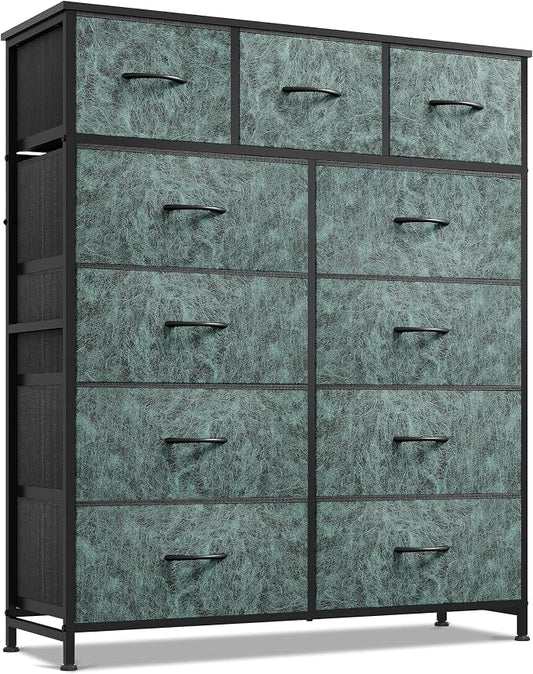 WLIVE Tall Dresser for Bedroom, 11 Drawer Chest of Drawers, Vintage Green | 11 fabric storage drawers, Tall high-capacity design, Bedroom or dorm use, Sturdy steel frame, Smooth wood tabletop