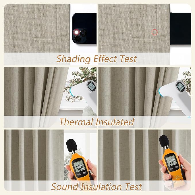 100% Blackout Linen Curtains for Bedroom 96 inches Long 8 FT, Thermal Insulated Room Darkening Black Out Window Drapes for Living Room, Back Tab Rod Pocket 2 Panels Set,Grey Flax,52x96