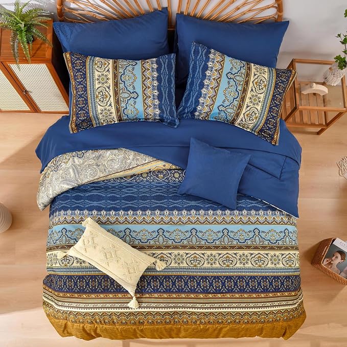 Cottolester Boho Comforter Set Full Size 8 Pieces,Brown Blue Bohemian Comforter Paisley Striped Bed in A Bag,Soft Microfiber Bedding Set for All Season