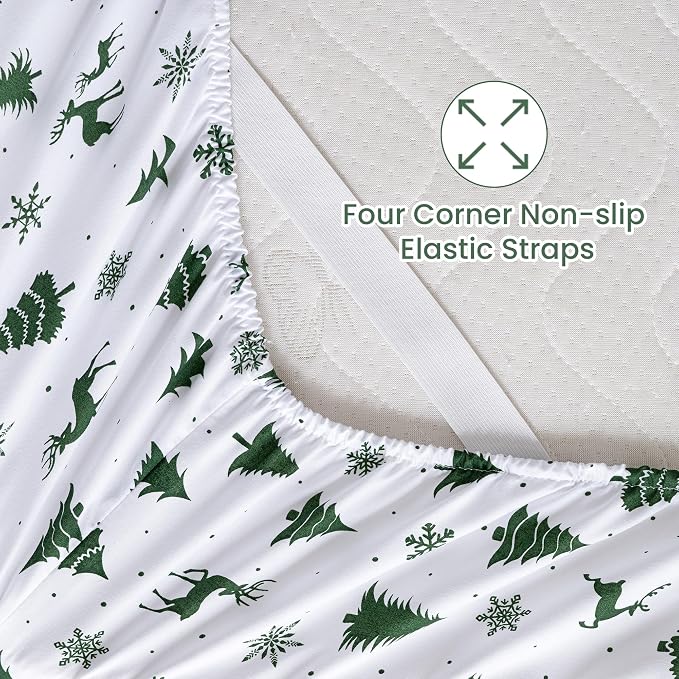 Softan Christmas Holiday Microfiber Twin Sheet Set with Non-Slip Straps | 15" Deep Pocket Fitted Bed Sheets, Printed Sheets, Green Reindeer Pattern, Single Sheets & Pillowcase Set for All Season
