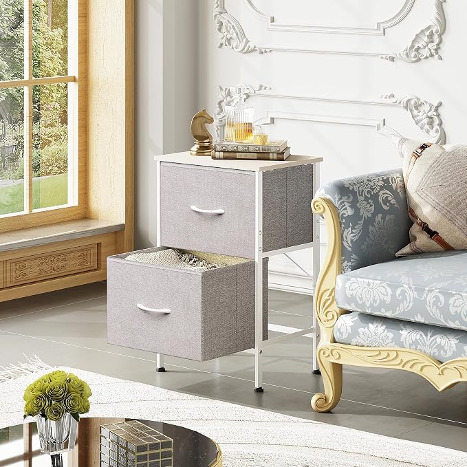 WLIVE Nightstand, Nightstand with 2 Drawers, Bedside Furniture, Night Stand, Small Dresser for Bedroom, College Dorm, End Table with Fabric Bins, Dormitory, Light Grey