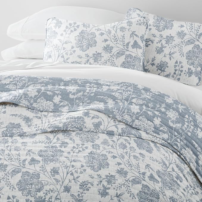 Merit Linens 3 Piece Quilt Set - Super Soft - Lightweight - All Season Quilted Coverlet - Floral Patterns - Full/Queen Light Blue