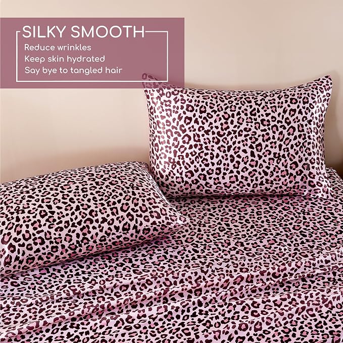 MR&HM Satin Sheets Twin XL Size with Elastic Corner Straps, Pink Leopard | Similar to Silk, 3-Piece Silky Soft Bed Sheet Set, Gentle on Skin and Hair, 15" Deep Pocket, Cooling & Breathable