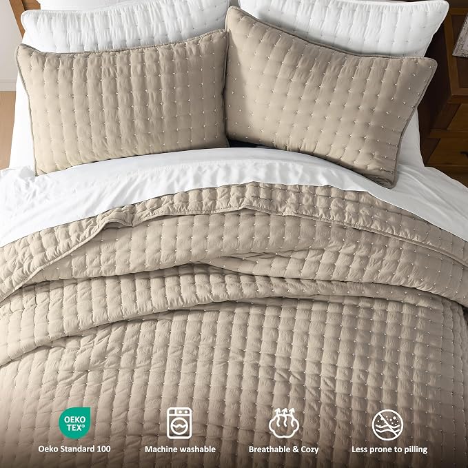 WDCOZY Beige King Size Quilt Bedding Sets with Pillow Shams, Tan Cream Lightweight Bedspread Coverlet, Quilted Blanket Thin Comforter Bed Cover, All Season Summer Spring, 3 Pieces, 104x90 inches