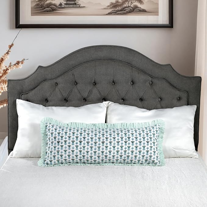 Ridhi Block Print Aquamarine Blue Ruffle Lumbar Pillow Shams, 36" x 14" | 100% cotton, Floral Pillowcase, Cushion Cover, Hidden Zipper, Cottagecore Bedding, farmhouse boho style, fits couch, sofa,Bed