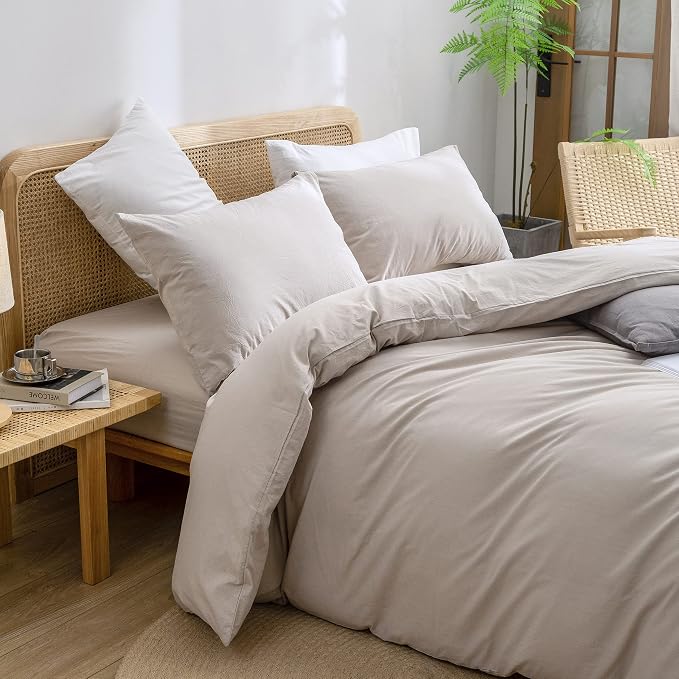 BESTOUCH Cotton Solid Duvet Cover Set Linen Feel Linen Grey Queen | 100% Washed Cotton, Soft Wrinkle Texture, Hidden Zipper, 8 Ties, Breathable Lightweight Durable Comfy, 3 Pcs No Insert