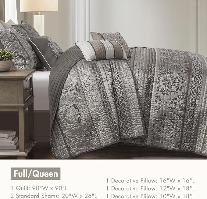 Madison Park Traditional Damask Jacquard Quilt Set, 6PC Full/Queen Coverlet | ll Season, Lightweight Coverlet Bedspread Bedding Set, Matching Shams, Pillows, Grey
