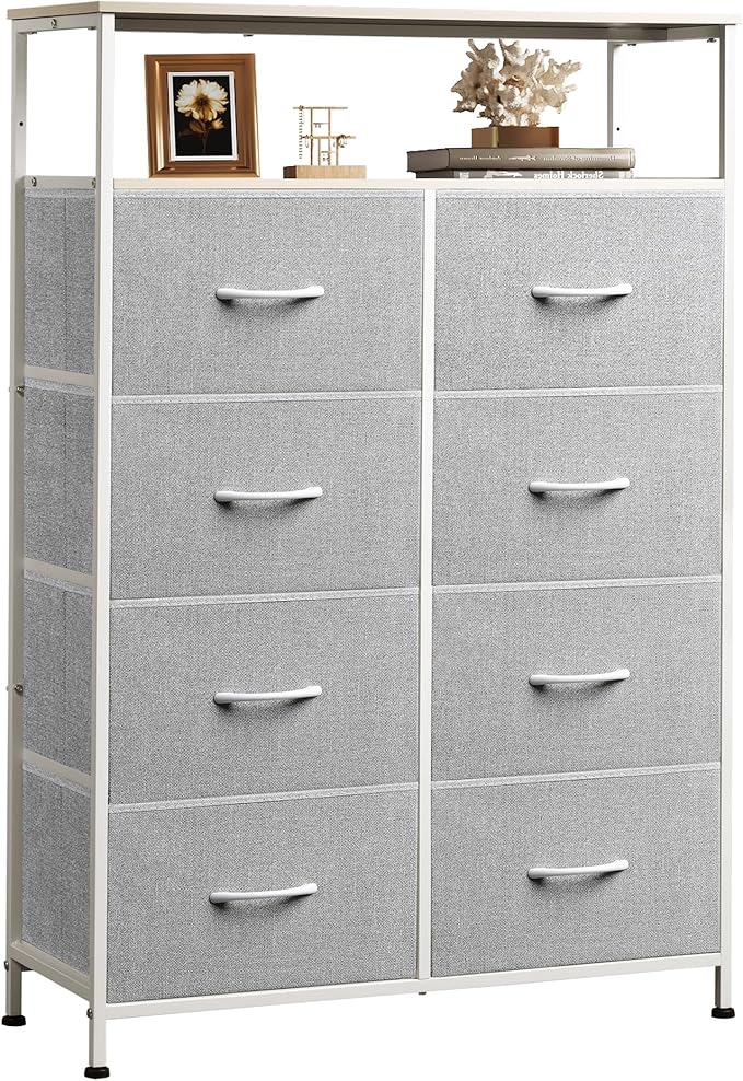 WLIVE 8 Drawer Fabric Dresser Open Shelves, Tall Bedroom Chest, Light Grey | Light Grey 8 fabric drawers plus open shelves, steel frame with wood top, great for bedroom closet entryway and dorm storage