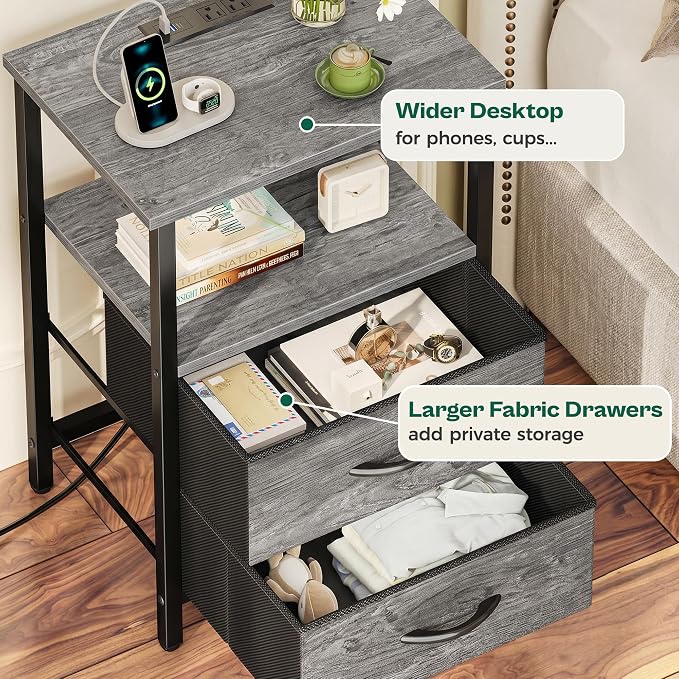 Huuger Night Stand with Charger Station and LED Lights, 2 Drawer Nightstand | Bed Side Table with Open ShelfEnd TableFabric Drawers for Bedroom, Grey