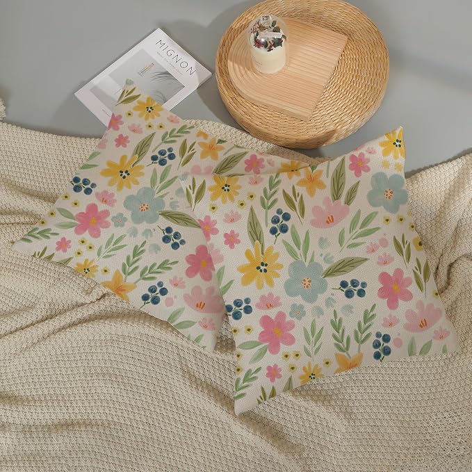 Outdoor Pillow Covers 18x18 Inch 2 Pcs Watercolor Pink Green Flower Spring Decor Throw Pillows Vintage Floral Summer Outdoor Seasonal Decoration Pillowcase Linen Cushion Cover for Couch Sofa