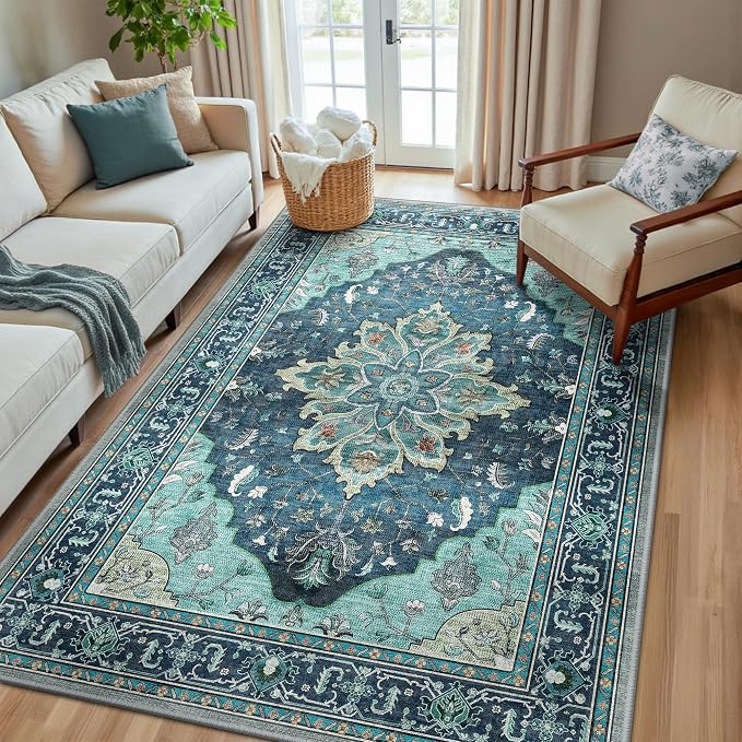 RELEANY Washable Area Rug, 5'x8', Teal | Non-Slip, Water Repellent, Pet Friendly, Easy to Clean, Vintage Floral Boho Decor for Living Room Bedroom Dining Room Office