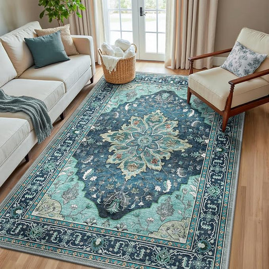 RELEANY Washable Area Rug, 5'x8', Teal | Non-Slip, Water Repellent, Pet Friendly, Easy to Clean, Vintage Floral Boho Decor for Living Room Bedroom Dining Room Office
