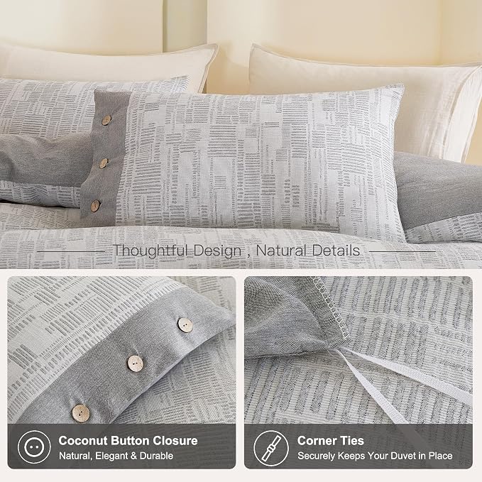 Oli Anderson 100% Egyptian Cotton Duvet Cover Queen Size, Grey, 3 Pieces | Yarn Dyed Jacquard Textured Bedding Set, Striped Boho Design, Pre-Washed, Button Closure, Soft Breathable, All Season Comfort