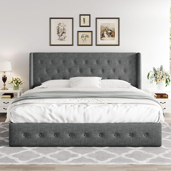 Allewie King Size Lift Up Storage Button-Tufted Bed Frame Dark Grey | Modern Wingback Headboard, Hydraulic Support Storage, No Box Spring Needed