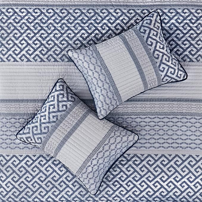 Madison Park Quilt Set Luxurious Jacquard Stripes Design - All Season, Coverlet Bedspread Lightweight Bedding Layer, Shams, Decorative Pillow, King/Cal King(104"x94"), Geometric Navy 4 Piece | All Season Bedding Set, Lightweight, Geometric, Machine Was...