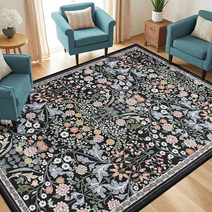 PLHXFR 6x9 Area Rug Living Room: Floral Washable Boho Carpet Dark Black | For Bedroom Dining Room Farmhouse Nursery Hallway,Vintage Floral,Machine washable,Non Slip,Stain Resistant,Large Indoor