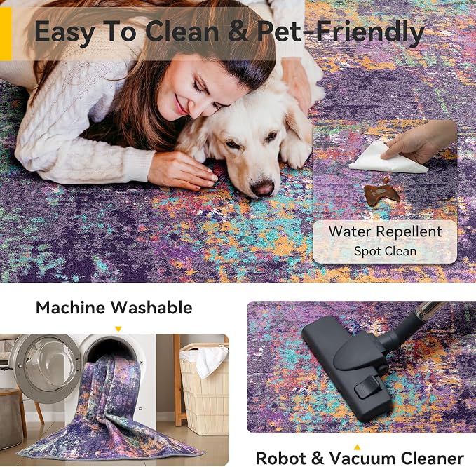 RELEANY Washable 6'x9' Abstract Area Rug for Living Room Purple Multi | Carpet for Bedroom, Kitchen, Office, Hallway and Entryway, Printed Pattern, Non‑Slip, Soft, Stain‑Resistant, Easy to Clean