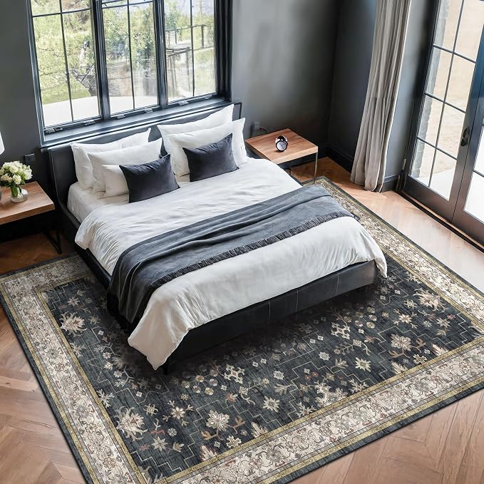 Boho Dining Room Rugs for Under Table - 7x9 Washable Black Area Rug for Living Room, Low Pile Non-Slip Rugs for Bedroom Under Bed - Charming Farmhouse Decor & Stain Resistance - Black/Multi